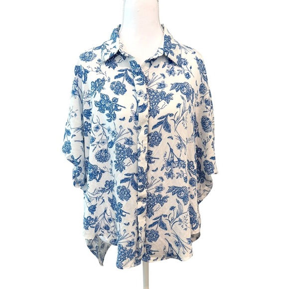 Umgee Tops - Umgee Floral Print Top Small Blue White Beachy Coastal Resort Wear Chinoiserie